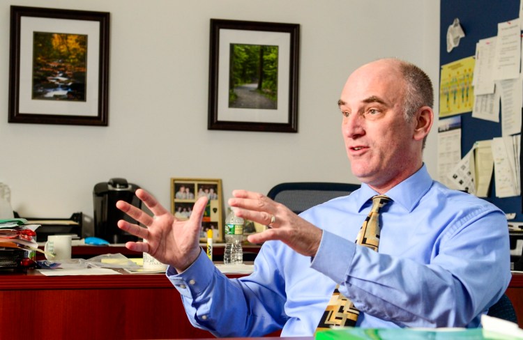 RSU 2 superintendent Bill Zima answers questions during an interview on Feb. 8 at his office in Hallowell.  (Kennebec Journal photo by Joe Phelan)