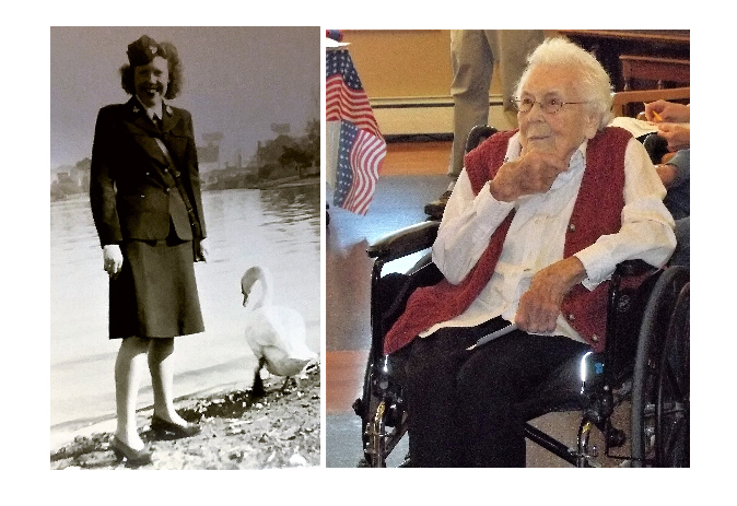 Jean Smith in her WAVES uniform, left, and Smith at the ceremony, right.
