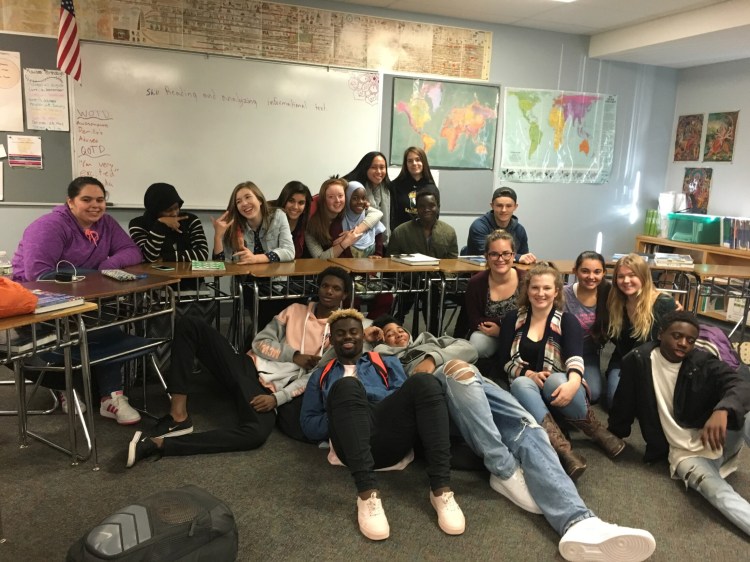 Lewiston High School and Maranacook Community High School kids get together before their overnight in February 2018.