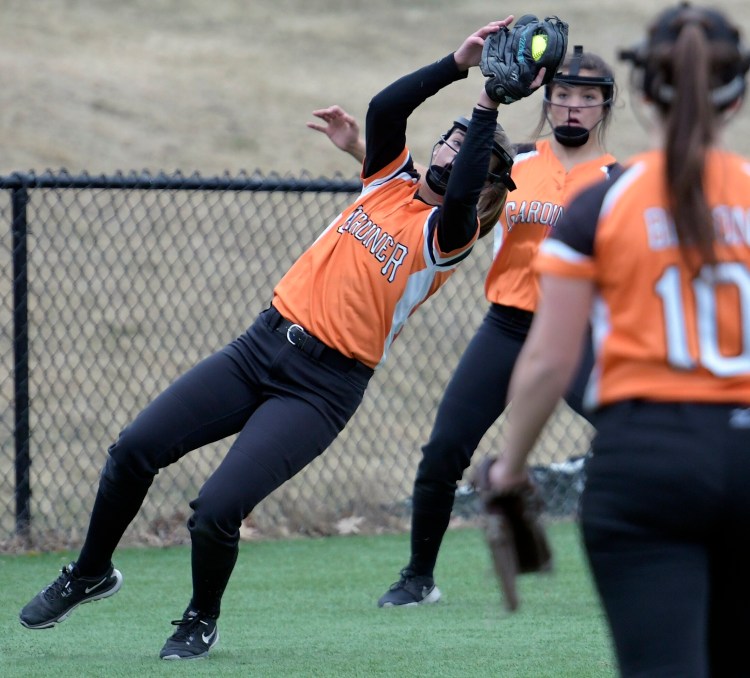 Gardiner shortstop Kiley Maschino collects a pop up against Brewer during a softball game on Thursday at Kents Hill School.