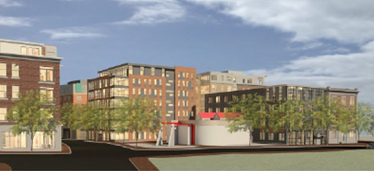 The seven-story Portland Gateway Office Building, shown here at center left, would be built on vacant land near the corner of Fore and India streets. A proposed four-story residential building is shown at right. The shorter white structure between the two proposed buildings is an existing Portland Water District pump station. (Rendering courtesy of David Lloyd, Archetype Architects)