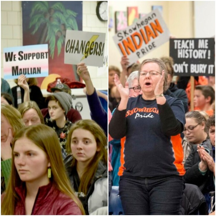 At left, people against the use of the “Indians” nickname in School Administrative District 54 schools hold signs March 7 urging school board members to vote to stop the practice during a meeting in Skowhegan. At right, supporters of keeping the nickname rally March 22 at a school board meeting at Skowhegan Area Middle School. 