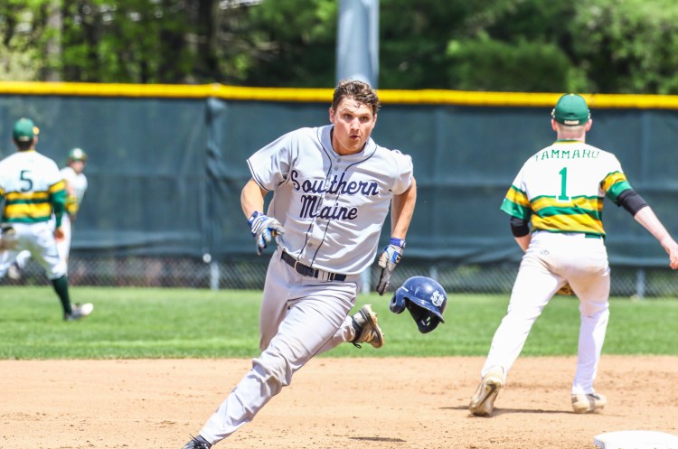 Jake Dexter heads to third in the top of the ninth inning after his hit to right field was misplayed, allowing Andrew Hillier to score. Dexter scored the winning run on a wild pitch as the Huskies beat Oswego State 3-2 to remain alive in the NCAA Division III baseball tournament on Saturday in Gorham.