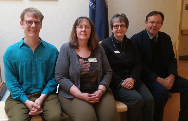 Training partners from Western Maine Community Action and Augusta Adult and Community Education met recently to discuss plans for the upcoming construction informational training session scheduled for Wednesday, May 15, in conjunction with Associated General Contractors of Maine. From left are WMCA Employment and Training Specialists Myles Robert and Cathy Stairs; WMCA Program Coordinator - Central/Western Maine CareerCenters Patti Saarinen; and AACE Director Zane Clement. 