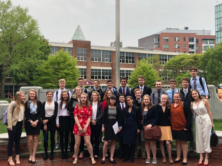 Maranacook Community High School students recently participated in the Rising Leaders Model United Nations conference at Northeastern University in Boston, Mass. Front from left are Sarah Chaplin, Elizabeth Hildebrandt, Claire Holman, Hannah Woodford, Jenna Badeau, Sara St. Clair and Sophie O’Clair. Second row from left are Maura Taylor, Nina Gyorgy, Anna Erb, Ella Schmidt, Ashley Cray, Katie Ide, Delaney Crocker, Trenton Murray and Collin McGarr. Third row from left are Thomas Trafton, Corbin Howe, Alex Trafton, Robbie McKee, Luke Bartol, Ryan Worster, Michael Tamborini, Sam McKee, Brian Shea and Dylan McGarr.