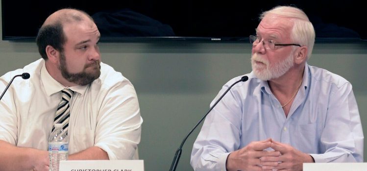 Christopher Clarke, left, and Ed Hastings, at the time candidates for the Augusta Board of Education, answer questions Oct. 18, 2017, during a forum at Lithgow Public Library in Augusta.