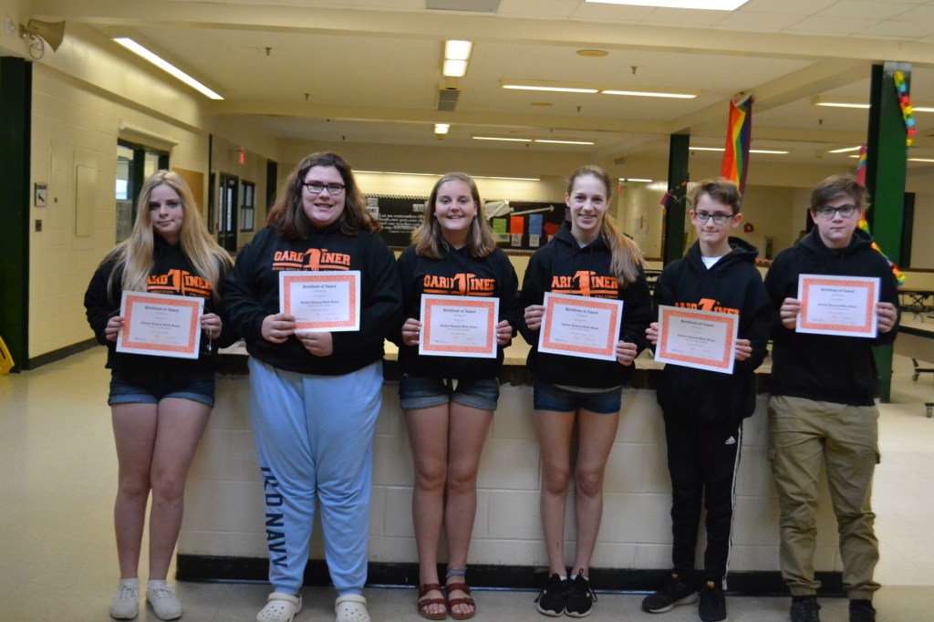 Gardiner Regional Middle School Falcons for the month of May and June from left are Deanna Lowe, Lacy Goudreau, Maddie Naas, Sydney Dakin, Owen Grant and Kurtis Pellegrini.
