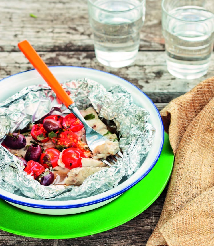 Foil-wrapped Fillets of Fish with Tomatoes, Olives and Herbs from the "Hungry Campers Cookbook."