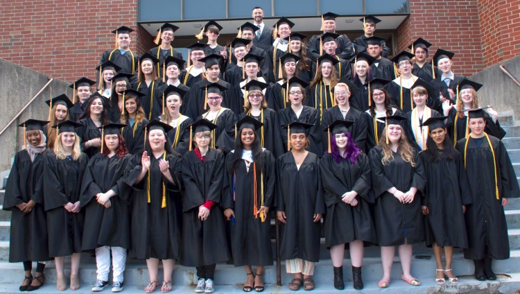 Maine Connections Academy graduates, front from left, are Makayla Hilton, Brandi Lee, Je t'aime O'Neal, Alexa Wills, Daniel Collin, Grace Williamson, Xianna Whitehead, Ashlynn Conley, Erin Myers, Usha Stockley and Morrigan Beliveau. Second row from left are Kaily DeSantis, Autumn Levier, Eva Schroeder, Eva Seger, Charlee Brown, Cassandra Lepari, Shawna Thibodeau, Autumn Finkle, Raeney Davis and Kaitlin Barron. Third row from left are Amber Lee, Olivia McCray, Ty Davis, Connor Nicholson, Gage Stryker, Mykenzie Plummer, Emily Wilkinson, Kelly Remedis, Fletcher Cummings and Zoe Walker. Fourth row from left are Ashley King, Violet Mikita, Joseph Florencio, Franz-Peter Jerosch, Alice Yokabaskas, Hunter Raye, Zachary Elliott-Stratton and Zaynah Smith. Fifth row from left are Frances Jewell, Eli Wall, Isaac Cobb, Rowdy Vear, Ian McNaughton, Stephen Billings and Nathaniel Vincent. Principal Chad Strout is at the top. Students not pictured include Darien Andrews, Reese Bayne, Hannah Bierwas, Isaac Breton, Chloe Cassidy, Iris Cote, Morgyn Crowley, Cheyenne Hebert, Makayla Hilton, Joshua Hopkins, Lillian Hubbard, James Jarvis, Molly Libby, Haley Marini, Alyssa McEwen, Eli Murphy, Allison Parker, Nicole Patterson, Jeremy Pratt, Maraim Reda, Katelin Reed, Corbin Schiner, Nicholas Sudsbury, Khadija Sugule and Christina Wallace.