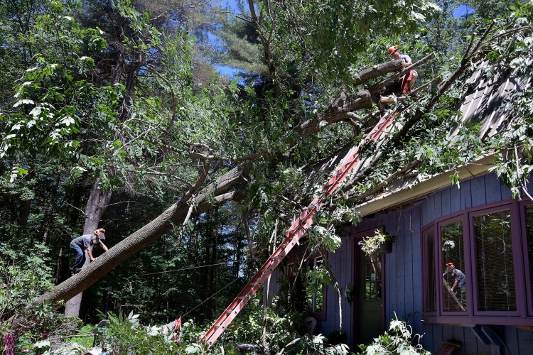 Curt Fox scales the trunk of an ash tree Sunday as his son-in-law, Nathan Butler, delimbs branches that penetrated the roof of Deborah Fox's home on Packard Road in Monmouth.