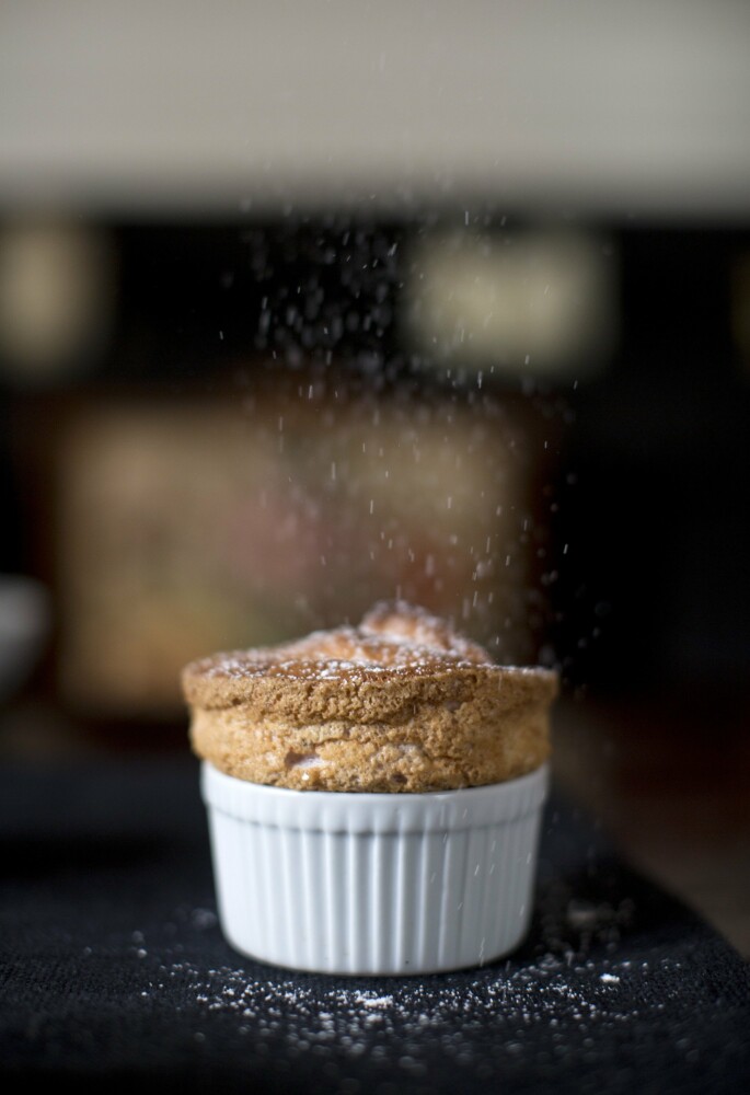 Take overripe berries and turn them into berry puree. Take the berry puree and turn it into a berry souffle, shown here.