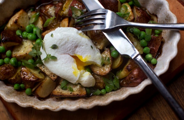 Roasted Maine New Potatoes with Mustard-Garlic Vinaigrette, topped with a local poached egg. MOFGA is encouraging you to eat local in August.