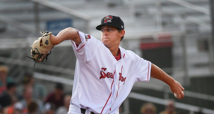 PORTLAND, ME - July 26:  Portland pitcher Matthew Kent pitches against the Harrisburg Senators Friday, July 26, 2019. (Staff photo by Shawn Patrick Ouellette/Staff Photographer)