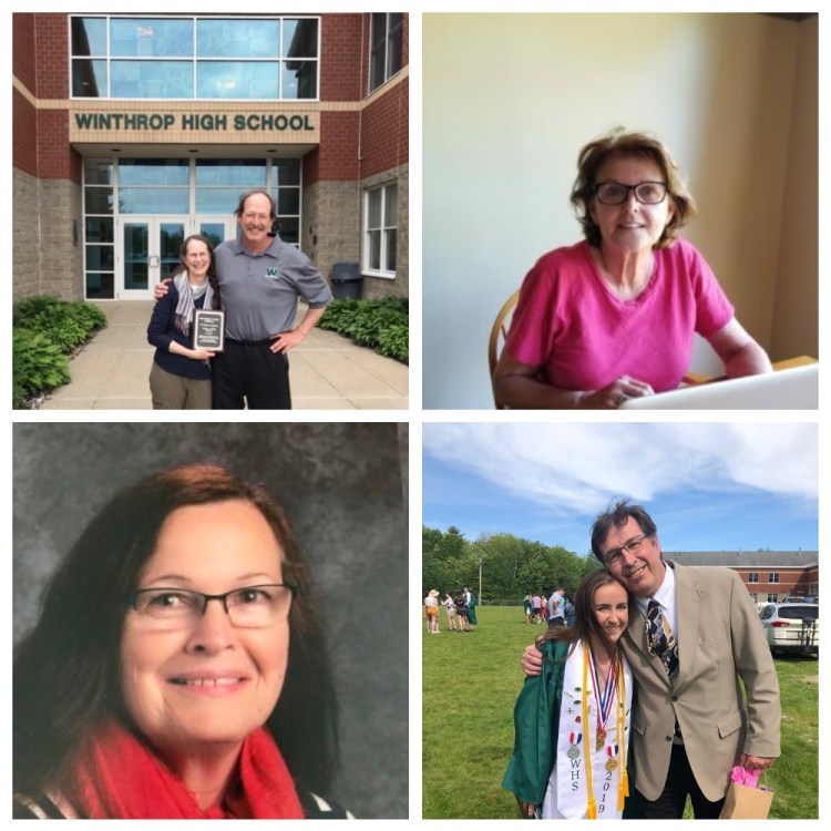 Clockwise from top left: Nancy Kelley, with her husband, Marc; Beth Salois; Dave Poulin, with student Nora Conrad; and Mary Dumais.
