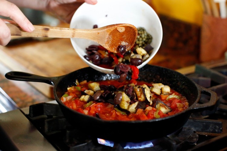 The caponata sauce is underway. Caponata is a Sicilian cousin to the better-known ratatouille. (Maybe it needs a movie?)