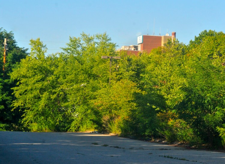 The Ballard Center in Augusta can be seen behind trees from a parking lot at the corner of Eastern and Arsenal streets on Tuesday. The lot between Kennebec Arsenal and Ballard Center is a possible site for a new Augusta Police station. 