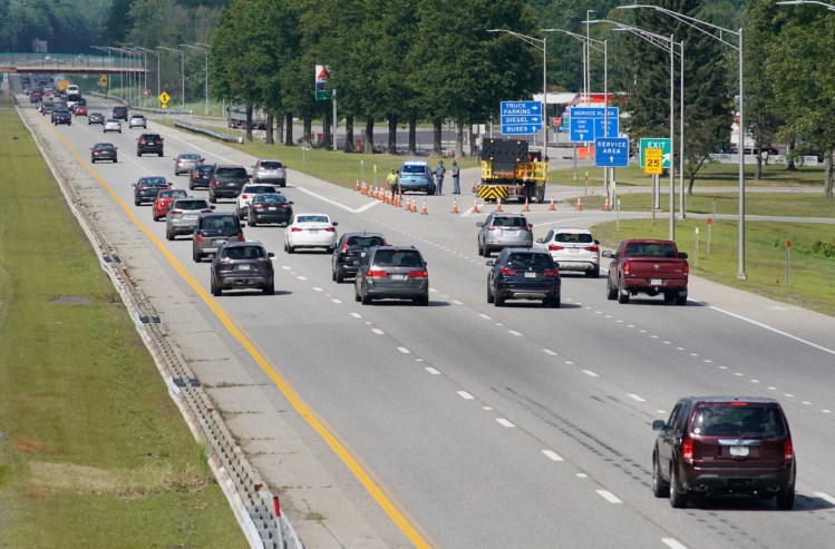 State police block traffic from exiting the Maine Turnpike into the northbound rest area in Kennebunk on Thursday as crews investigate a gas leak at the area.