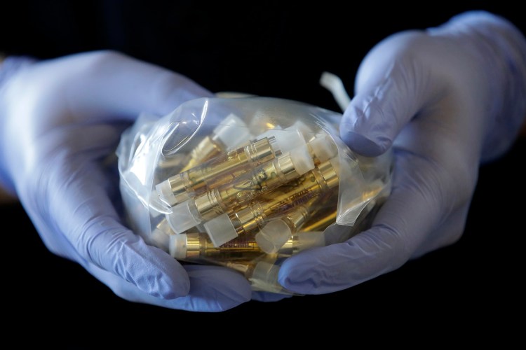 A bag of vape pen cartridges to be tested at a laboratory in California. State and federal health officials are investigating hundreds of possible cases of vaping-related lung illnesses in 29 states. 