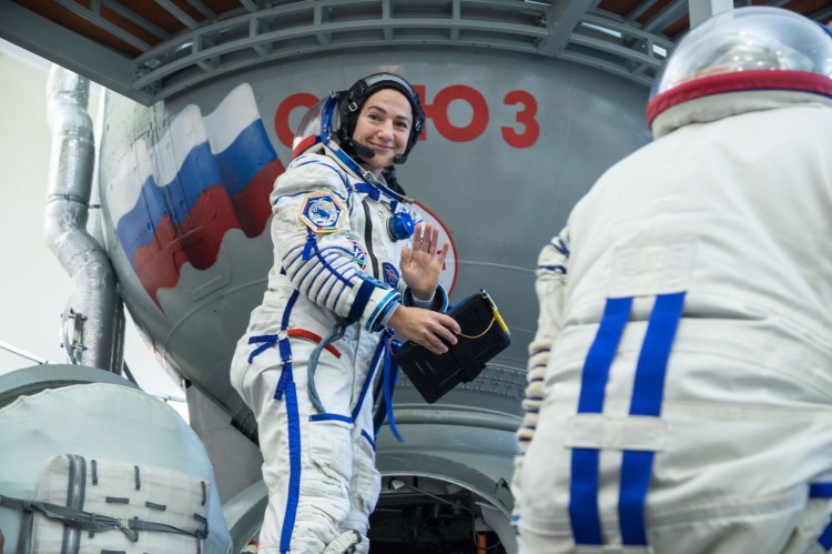 NASA astronaut Jessica Meir climbs aboard a Soyuz trainer during final crew qualification exams Aug. 30 at the Gagarin Cosmonaut Training Center in Star City, Russia. Meir, who grew up in Caribou, launched Sept. 25 for a mission on the International Space Station. 