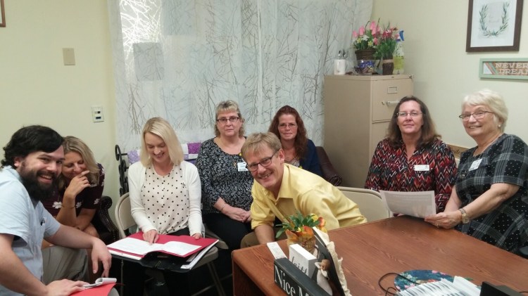 Workforce training partners, Augusta Adult and Community Education and Western Maine Community Action, met with representatives of Augusta Center for Health and Rehabilitation to establish the training schedule, requirements and deadlines for a new Certified Nursing Assistant training starting in November. From left are Michael Emery; Monique Roy, Rebecca Corcoran, AACE; Terrie Freeman, Cyndy Burke, ACHR; Myles Robert, Cathy Stairs, WMCA; and Nancy Marcille, ACHR. 