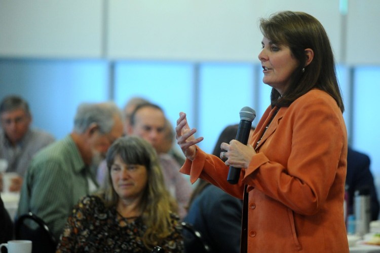 Heather Johnson, commissioner of the Maine Department of Economic and Community Development, speaks Tuesday during the Maine Broadband Summit at Thomas College in Waterville. 