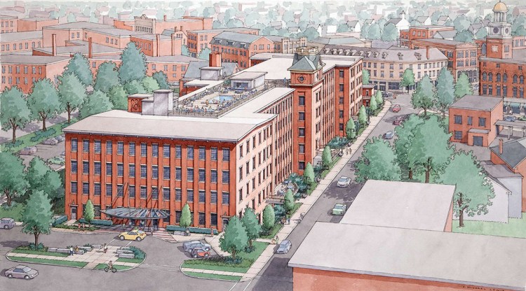 Five years after going public with plans to renovate Biddeford's Lincoln Mill, a Kennebunkport developer is starting work to renovate the building into a hotel and luxury apartments. This artist's rendering shows a rooftop swimming pool and bar.