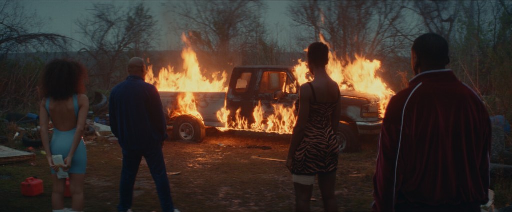 (from left) Goddess (Indya Moore), Uncle Earl (Bokeem Woodbine), Queen (Jodie Turner-Smith) and Slim (Daniel Kaluuya) in Queen & Slim, directed by Melina Matsoukas.
