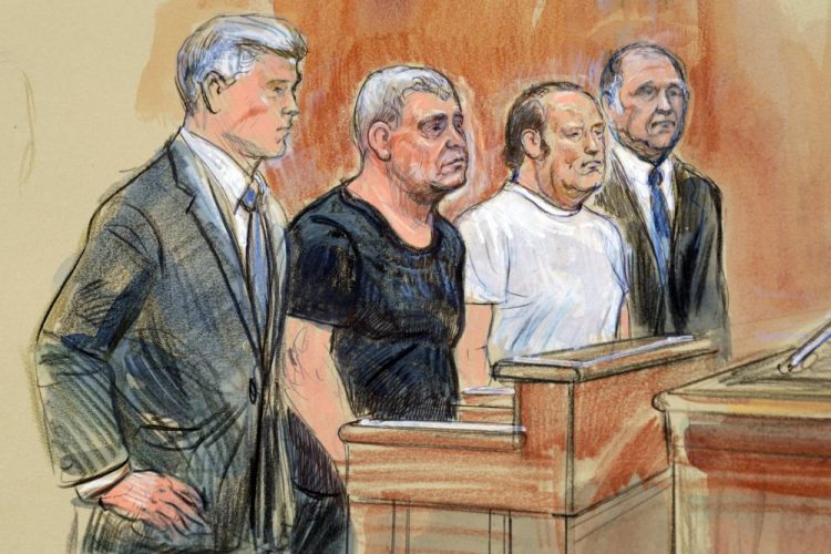 Attorney Kevin Downing, Lev Parnas, Igor Fruman, and attorney Thomas Zehnle standing before U.S. Judge Michael Nachmanoff, at federal courthouse in Alexandria, Va. on Thursday.