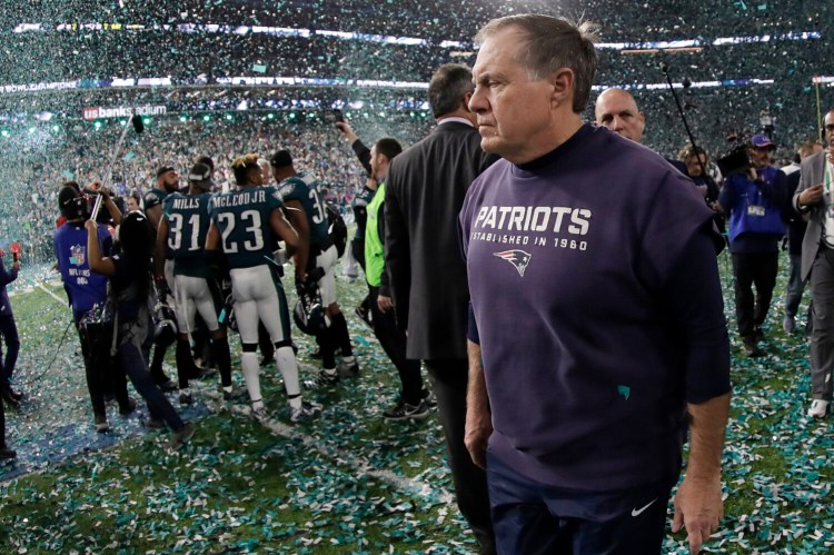 Coach Bill Belichick walked off the field on Feb. 4, 2018 after the Eagles beat the Patriots 41-33 to win the Super Bowl, but Belichick and New England were back a year later to win their sixth title, while Philadelphia is still trying to figure out how to get back to the big stage. 