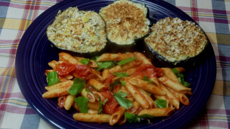 Crispy Eggplant with Penne Pasta and Garlic Tomato Sauce. 