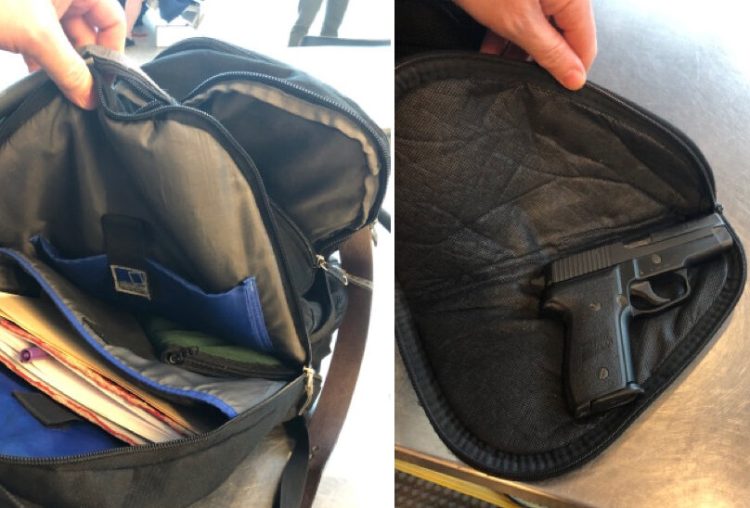 A loaded handgun was detected when this knapsack, owned by a Florida man, went through security at the Portland jetport on Thursday.  