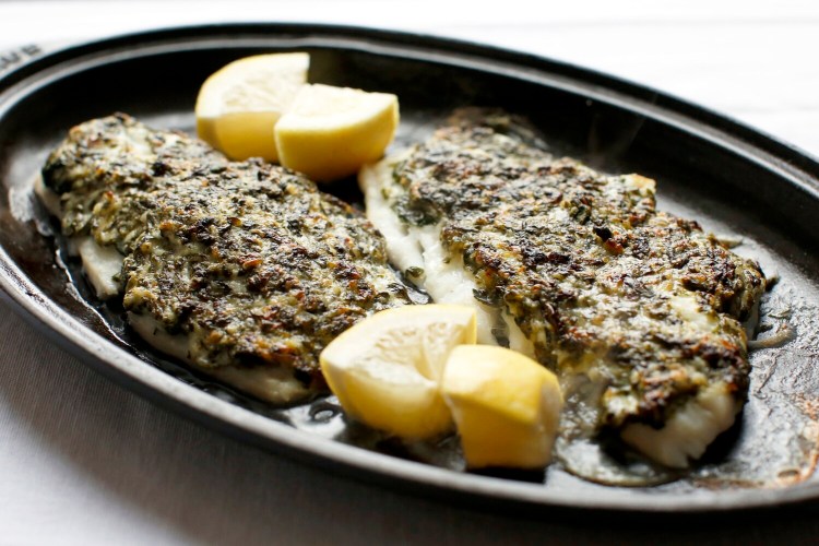 Haddock with spinach, Parmesan, mayonnaise and lemon crust.