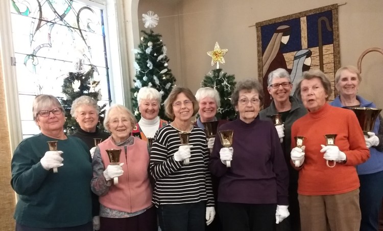 Winthrop Area Handbell Ringers from left are Kathy Eldridge, 
Cheryl Harrington, 
Lee Gilman, 
Dot Jackson, 
Brenda Lake, 
Elaine Christopher, 
Mary Alice Cook, 
Meg Cook, Priscilla Stred and Ginger Smith.