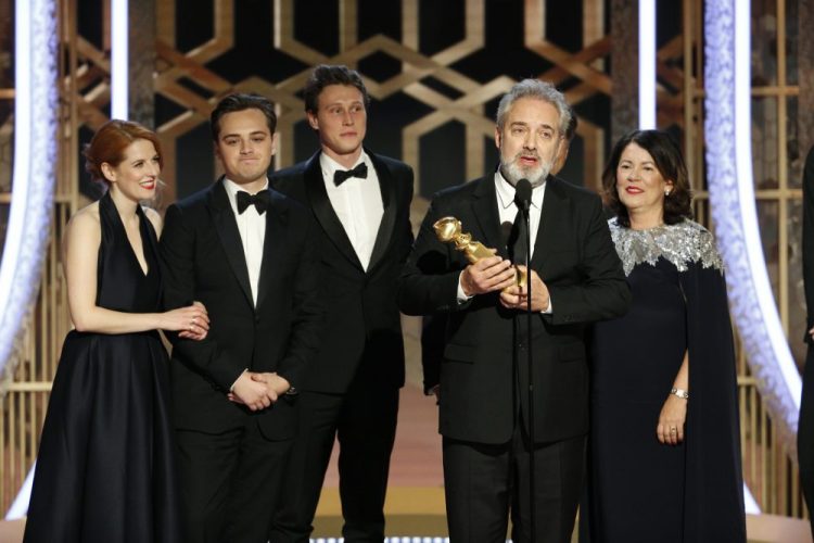 This image released by NBC shows filmmaker Sam Mendes accepting the award for best motion picture drama for "1917" at the 77th Annual Golden Globe Awards at the Beverly Hilton Hotel in Beverly Hills, Calif., on Sunday, Jan. 5, 2020. 