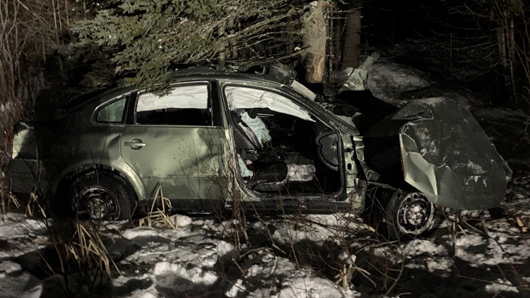 The driver of this car suffered frostbite and hypothermia after he crashed the vehicle on Interstate 95 in Aroostook County and Saturday and ran to get help.