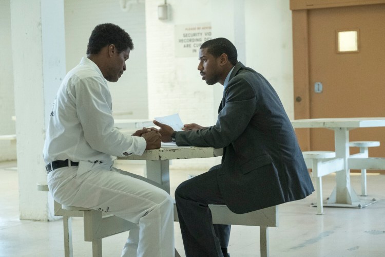 Jamie Foxx, left, as Walter McMillian and Michael B. Jordan as Bryan Stevenson in Warner Bros. Pictures' drama "Just Mercy."
