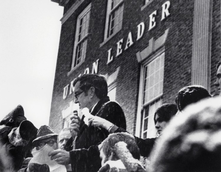 Sen. Edmund Muskie denounces conservative Manchester Union Leader publisher William Loeb Feb. 26, 1972.  Muskie's emotional speech came as he campaigned for the New Hampshire primary and the Democratic presidential nomination. His campaign foundered after it was reported that he had cried in response to the newspaper's attack on his wife. Muskie maintained until his death that it had been melting snowflakes, not a tear, in his eye.  

