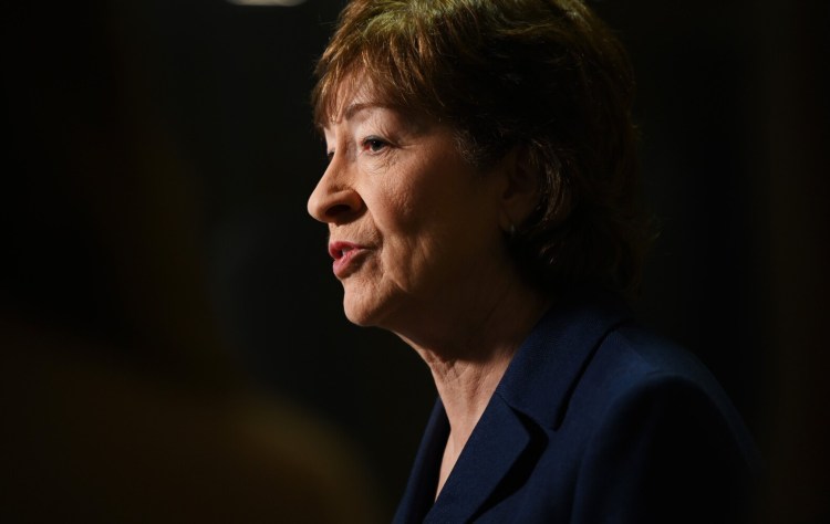 Sen. Susan Collins speaks with reporters Friday after delivering remarks at the Maine Chiefs of Police Association Winter Conference at the DoubleTree by Hilton Hotel in South Portland.   A political scientist at the University of Maine says this could be the senator's toughest re-election battle yet.