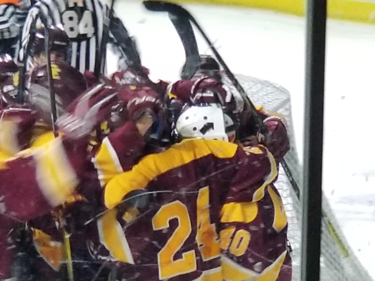 Cape Elizabeth freshman goalie Will Depke (40) is mobbed by his teammates after the Capers' 3-2 win over Scarborough Monday.