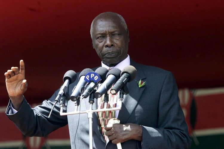 Kenyan President Daniel arap Moi addresses a crowd of supporters in 2002. Moi was in office from 1978 to 2002.