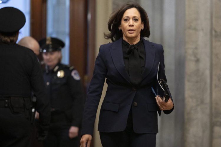 Sen. Kamala Harris, D-Calif., arrives on Capitol Hill in Washington in January.