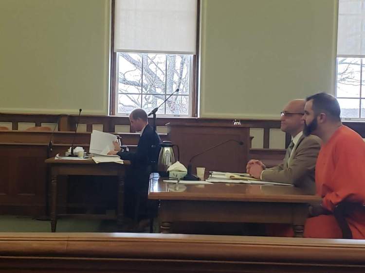 Joshua L. Vandine of Thomaston, right, and his attorney, David Sinclair, during his sentencing hearing in Knox County Court on Friday.