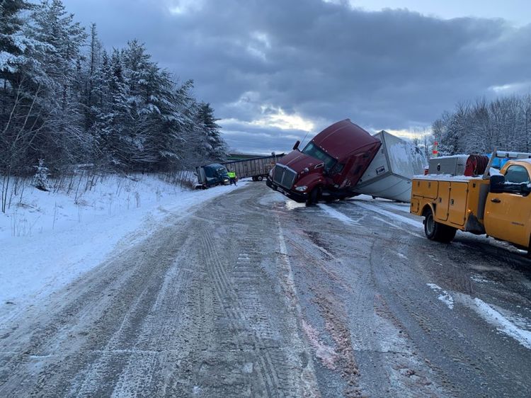 Two tractor-trailers collide Wednesday and block the southbound lanes of Interstate 95 near mile marker 159 in Newport, causing morning traffic to be detoured down U.S. Route 2 to the exit 157 interchange.