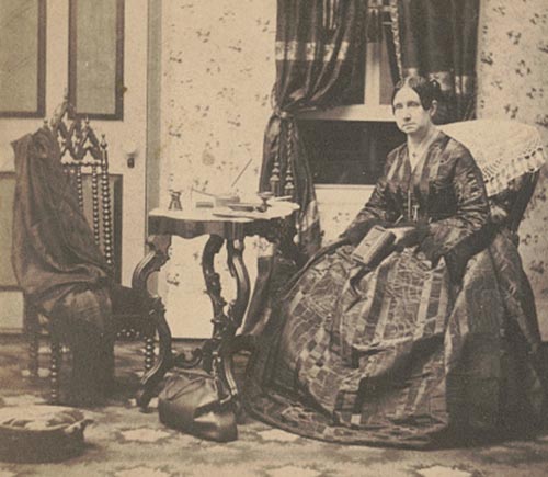 This photo taken from a stereograph shows Dorothea  Dix when she was Superintendent of Army Nurses for the Union Army. There is a medical bag on the floor next to her.
