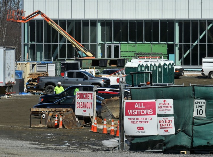 Work continues Thursday at the new athletic complex at Colby College in Waterville. Trustee Marieke Rothschild and her husband, Jeff, gave the college a $16 million gift, a portion of which will help fund the athletic complex.