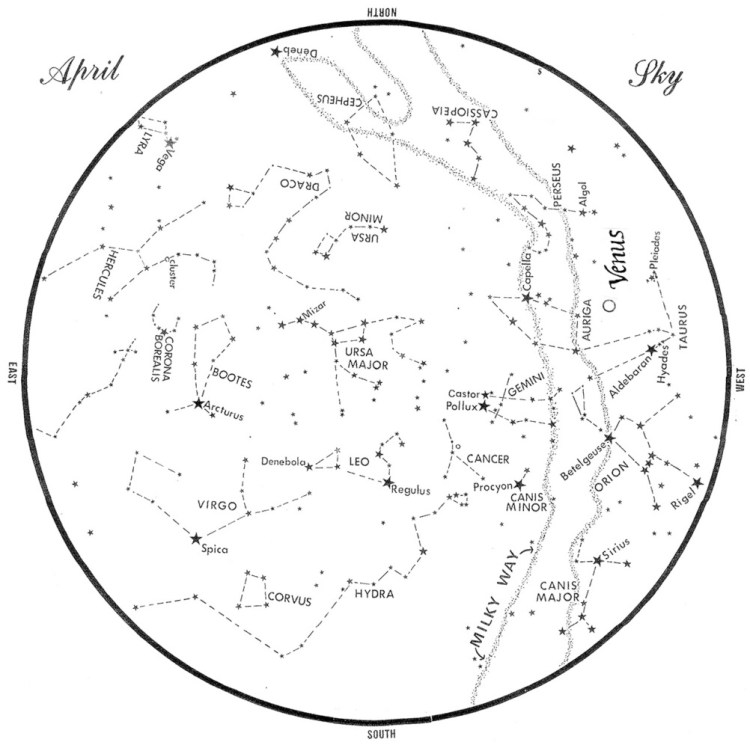 SKY GUIDE: This chart represents the sky as it appears over Maine during April.  The stars are shown as they appear at 10:30 p.m. early in the month, at 9:30 p.m. at midmonth and at 8:30 p.m. at month’s end.  Venus is shown in its midmonth position.  To use the map, hold it vertically and turn it so that the direction you are facing is at the bottom.  