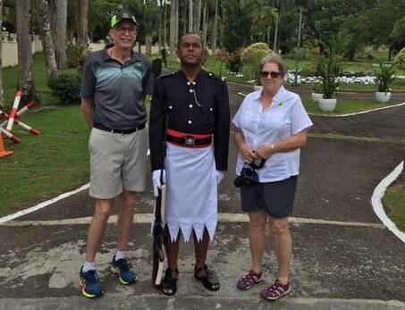 Scott and Dona Ferguson of Winthrop are seen in front of Presidents Palace in Suva Fiji Islands. The couple was stranded on a cruise ship with 840 passengers for 17 days amid the global coronavirus outbreak. They were finally able to find a port to come ashore and have returned home.