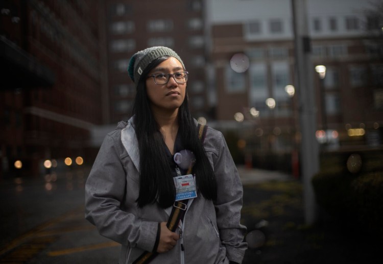 Erin Ganga, a respiratory therapy student at Southern Maine Community College, is filling regular respiratory shifts at Maine Medical Center so veterans can run the ventilators helping COVID-19 patients in the Intensive Care Unit.