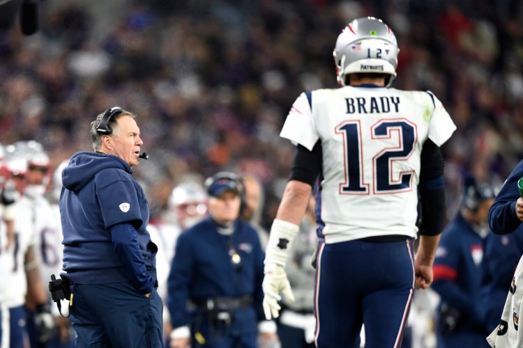 New England Patriots Coach Bill Belichick, left, continue to applaud Tom Brady for his contributions to the franchise but said it is time to move on with Brady now in Tampa Bay.