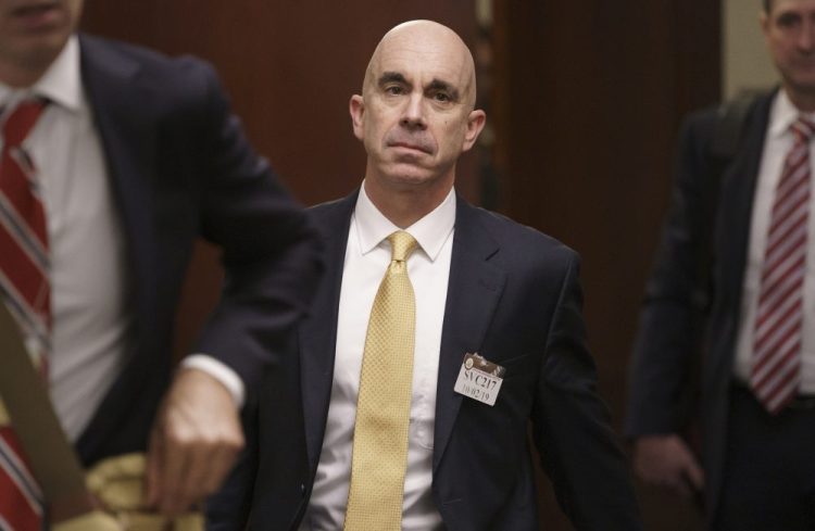 FILE - In this Oct. 2, 2019, file photo State Department Inspector General Steve Linick leaves a meeting in a secure area at the Capitol in Washington. A senior department official said President Donald Trump removed Linick from his job as State Department’s inspector general on Friday, May 15, 2020, but gave no reason for his ouster. (AP Photo/J. Scott Applewhite, File)